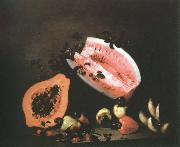 Mota, Jose de la still life of papaya,watermelon and cashew oil on canvas